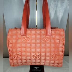 Chanel Travel Line Quilted CC Print Tote Bag In Red With Authenticity Card
